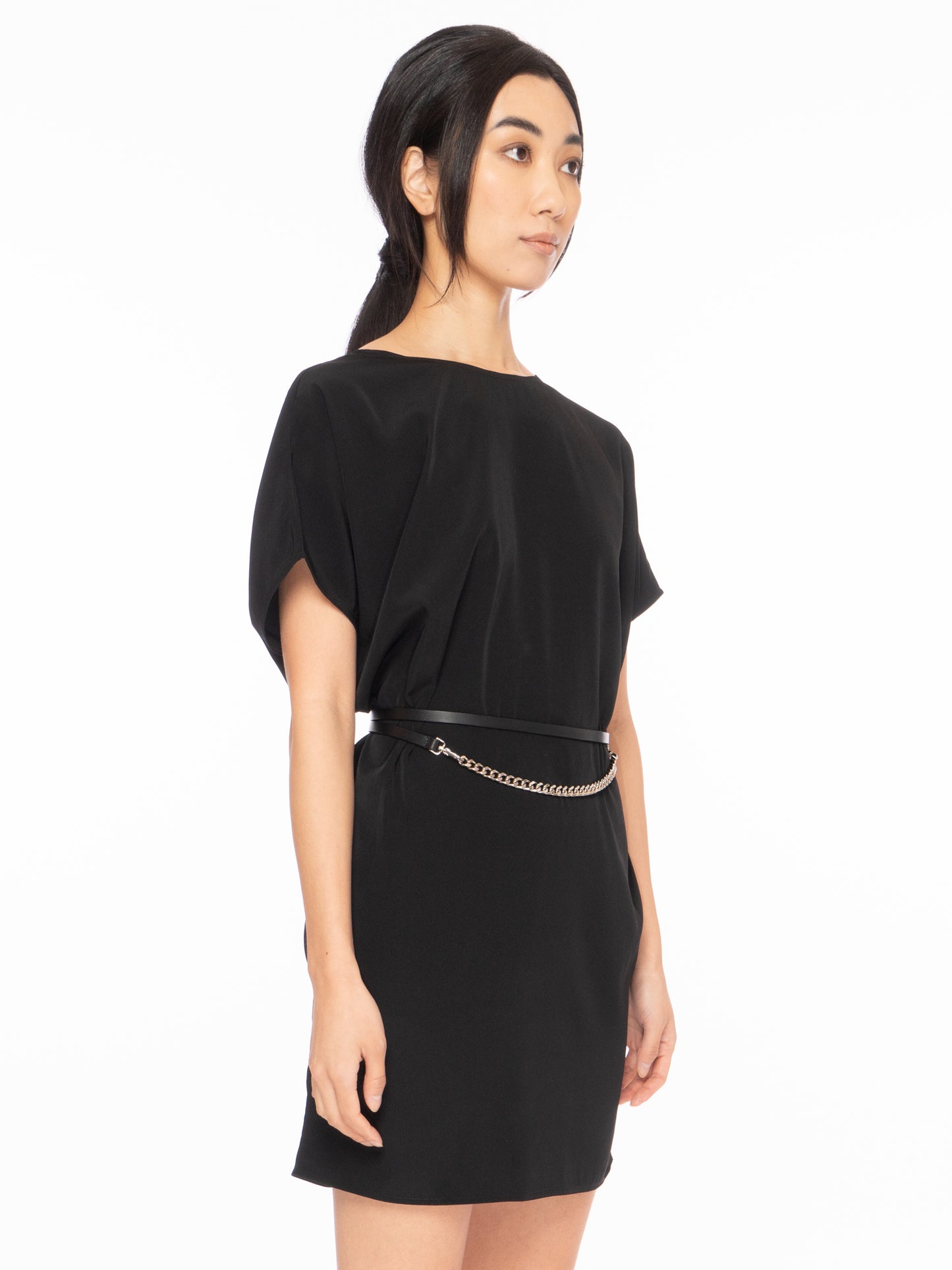 rosin studios black silky satin short sleeve mini dress