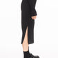 rosin studios black silky satin bias midi slip skirt side slits elastic waistband