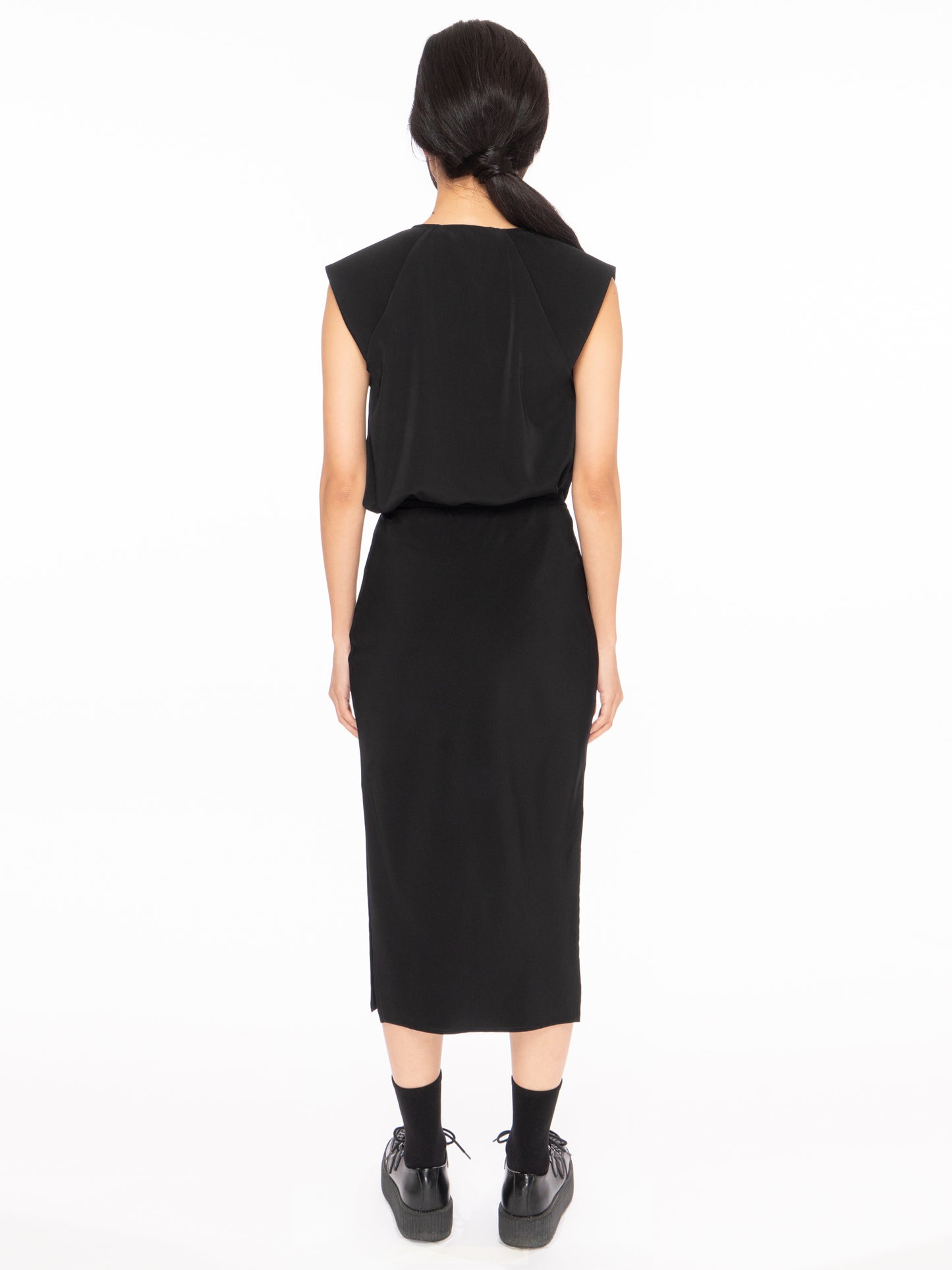 rosin studios black silky satin bias midi slip skirt side slits elastic waistband