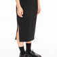 rosin studios black silky satin bias midi slip skirt side slits elastic waistband